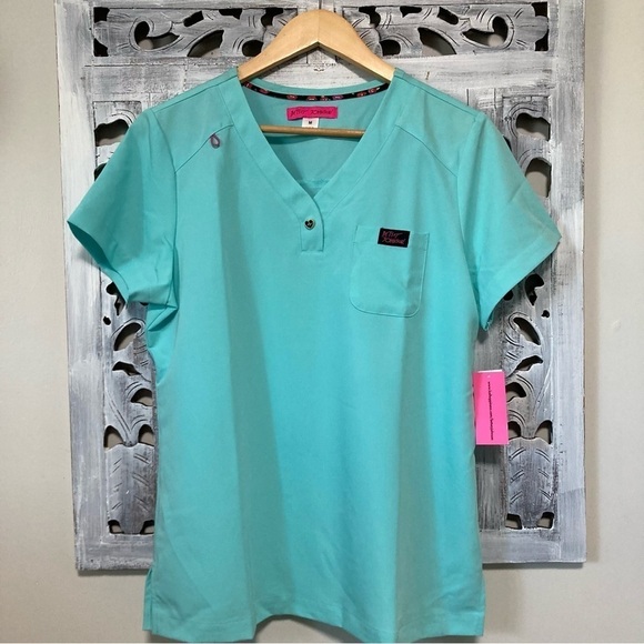 Betsey Johnson Rosemary 1-Pocket STRETCH Y-Neck Scrub Top Fresh Mint Teal - Picture 6 of 8